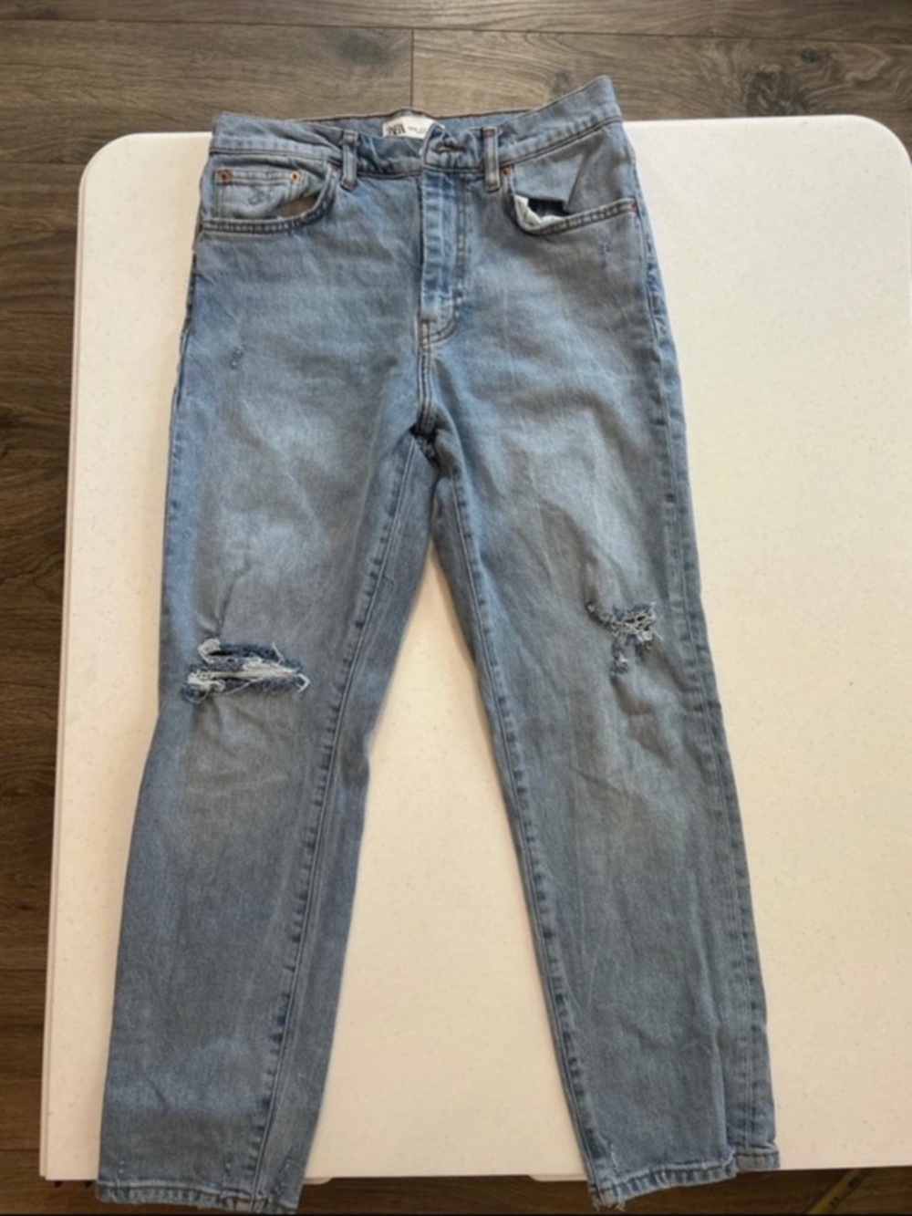 Zara Light Blue Slim Straight Distressed Jeans